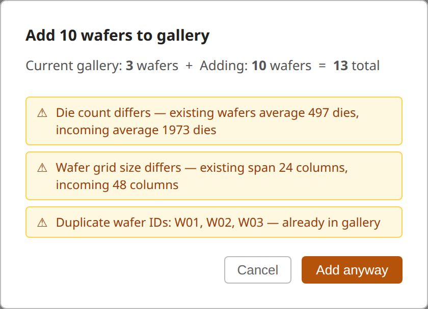 Append-confirm dialog, warning about a die-count mismatch