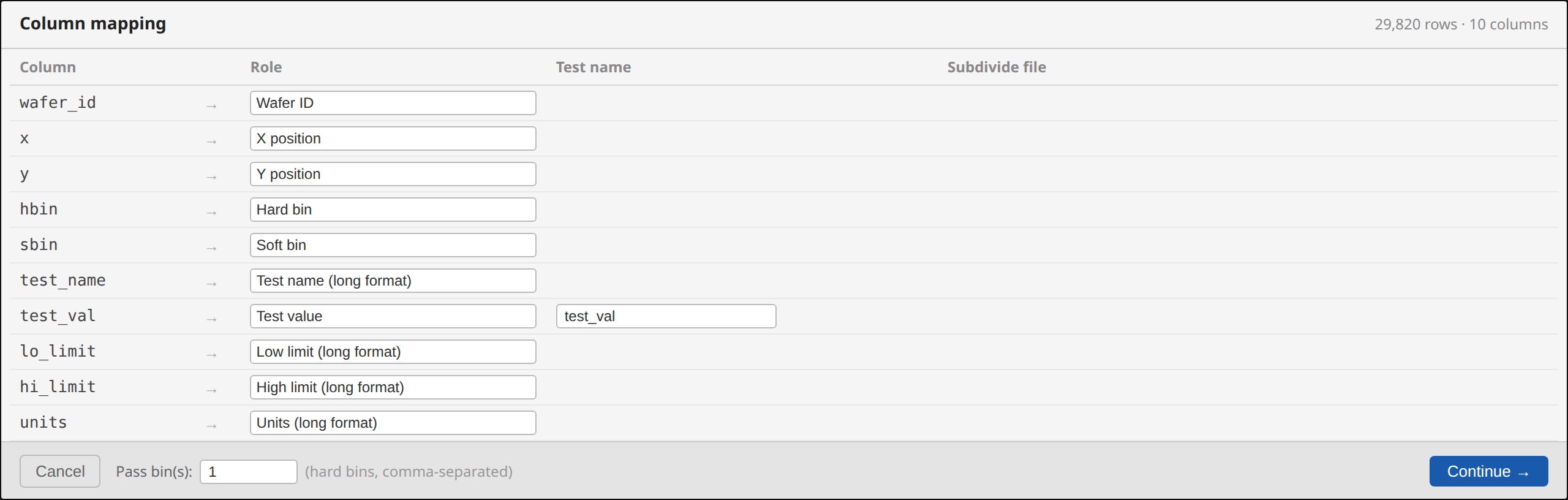 Column mapping overlay, long-format CSV