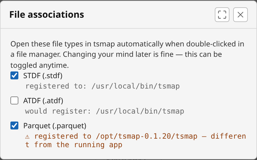 File associations dialog — STDF associated, ATDF not, Parquet associated but pointing at a stale binary