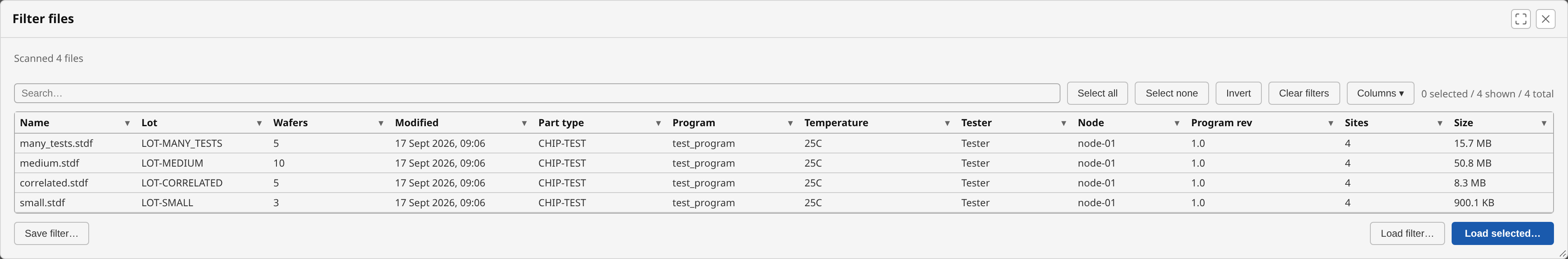The file filter table — four scanned STDF files with their lot metadata as columns