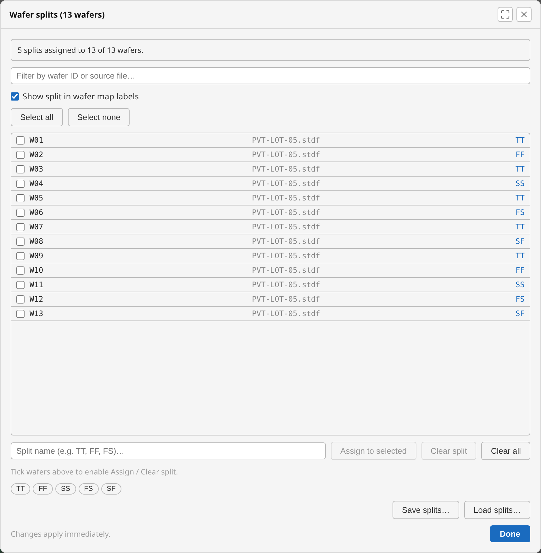Splits dialog with corners loaded