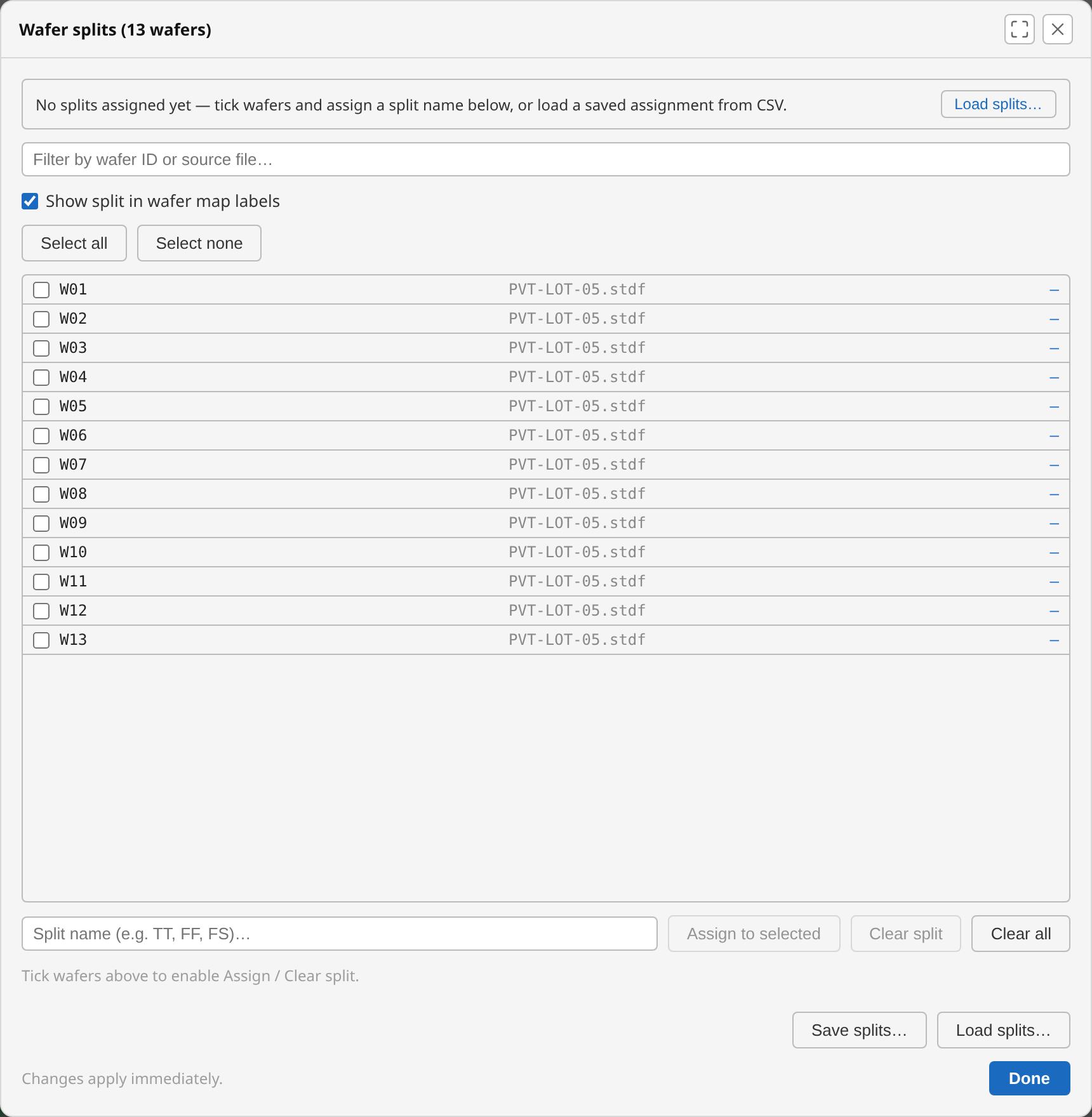Wafer splits dialog, just opened — no assignments yet