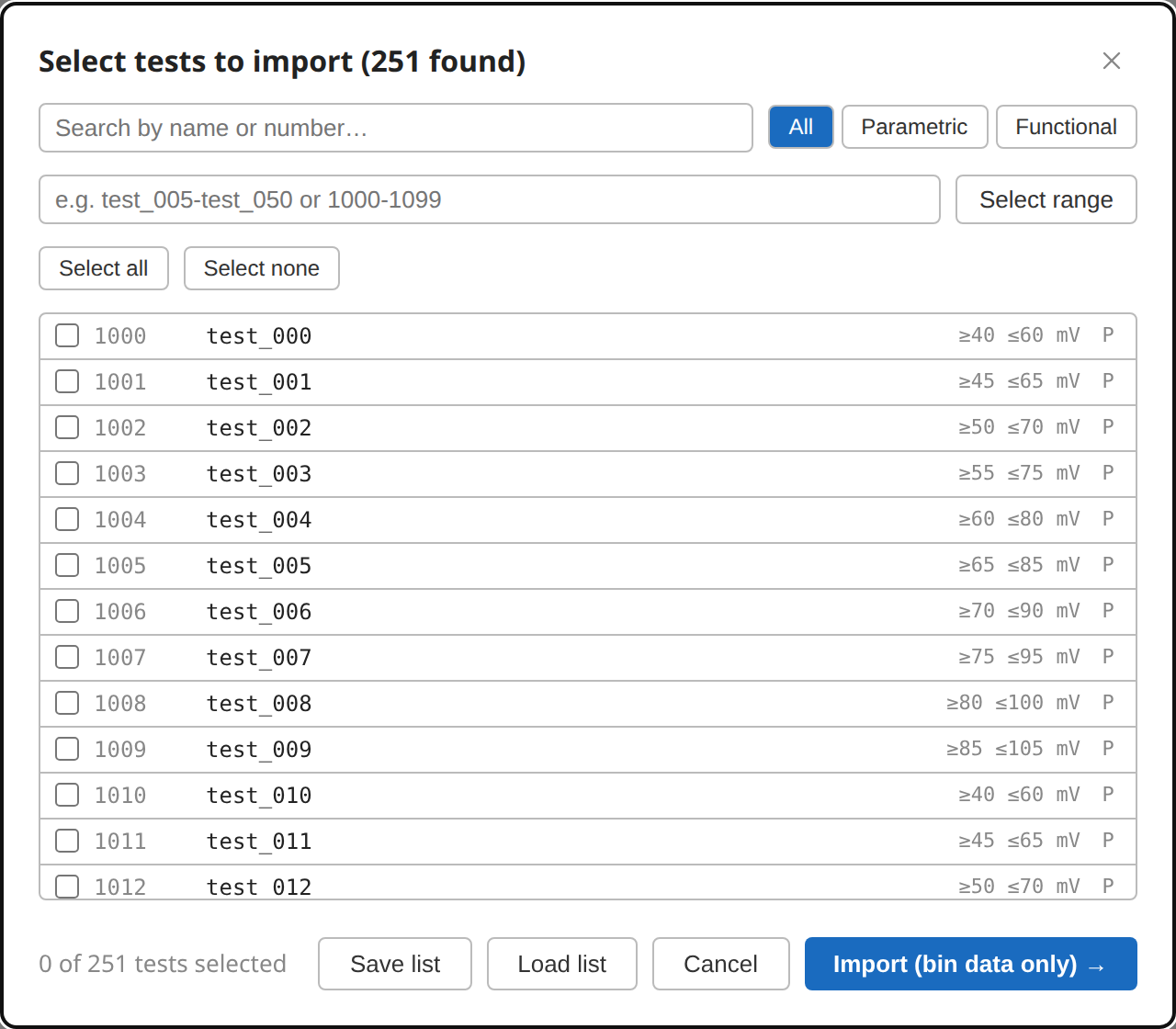 Test selector overlay