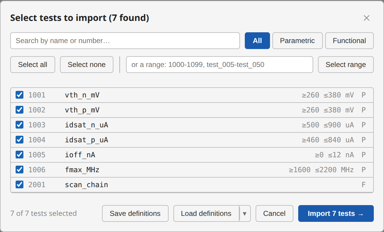 Test selector for the sample lot — 7 tests, all pre-ticked