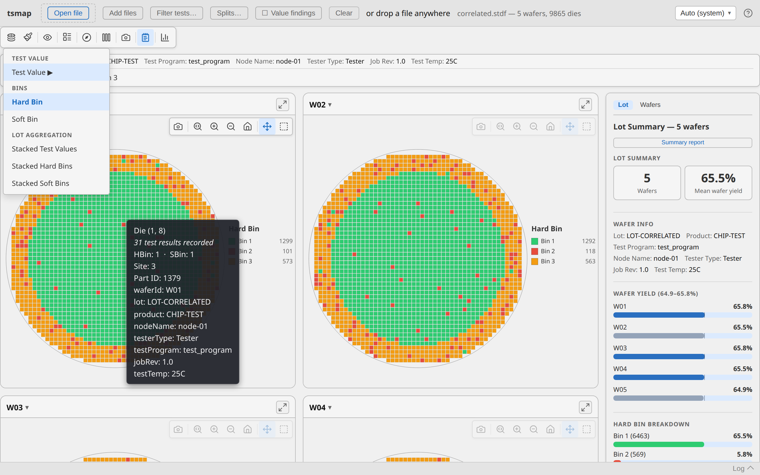 Wafer map in test-value mode
