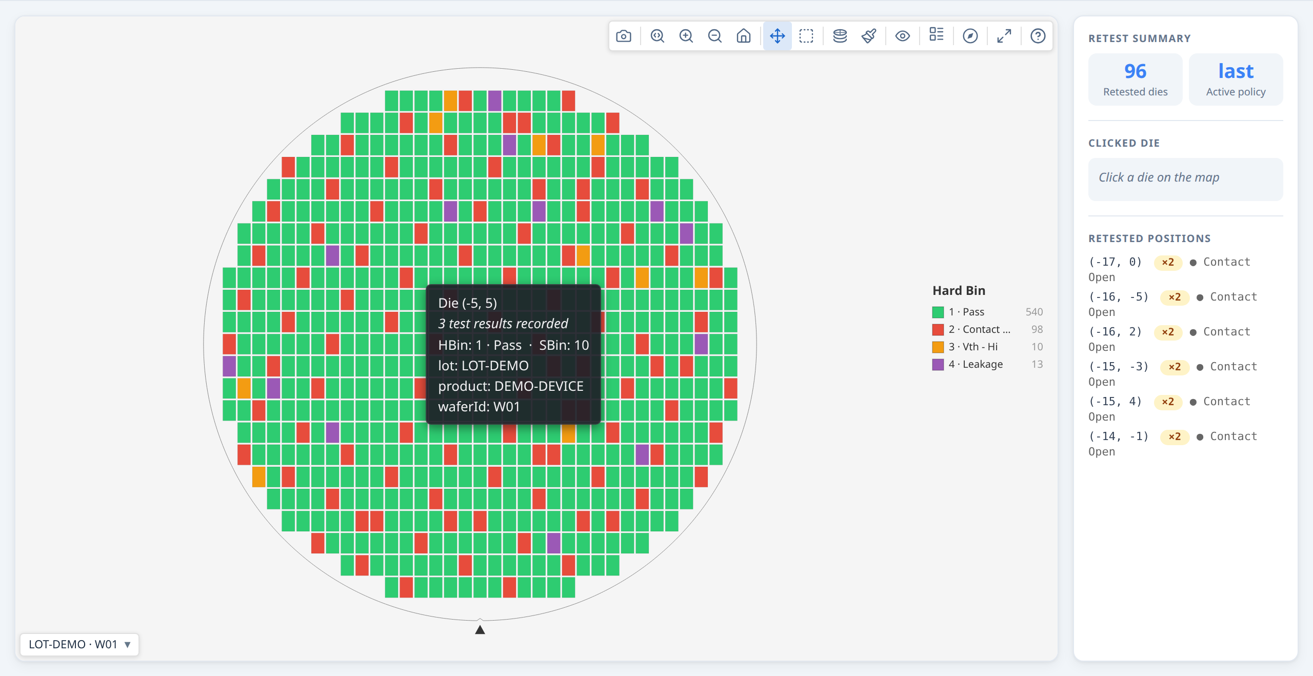 Retests — enriched die tooltip showing retest count
